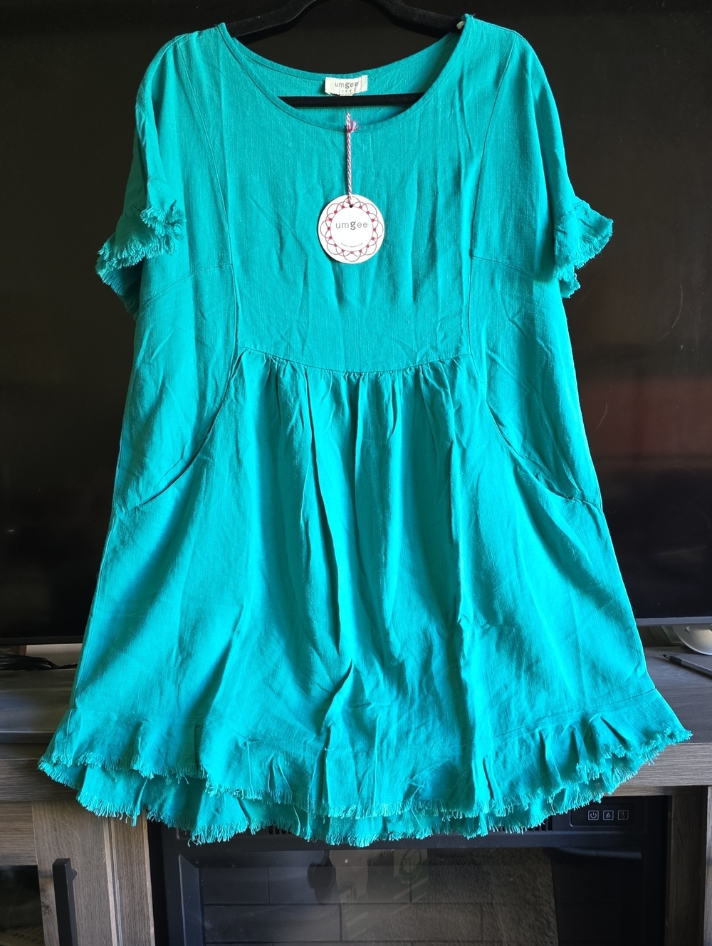 Umgee Teal Raw-Hem Short Sleeve Dress With Pockets